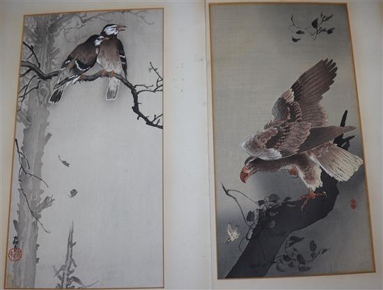 Ohara Koson (1877-1945), 2 woodblock prints, Two Grey Starlings & Eagle watching small bird, signed in the plate, 34 x 19cm, unframed